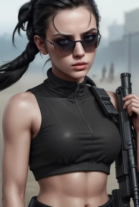 a rebel woman with machine gun, hair tied back, sunglasses, brazilian crop top, black boots, portrait, detailed face, beautiful detailed eyes, beautiful detailed lips, extremely detailed face and eyes, long eyelashes, highly detailed, hyperrealistic, 8k, p...