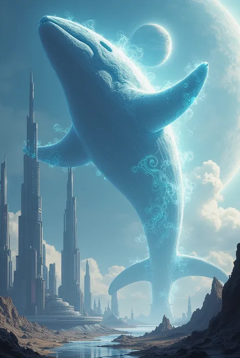 The whale god who created this world,Background other planets,Whale god on top of a futuristic building