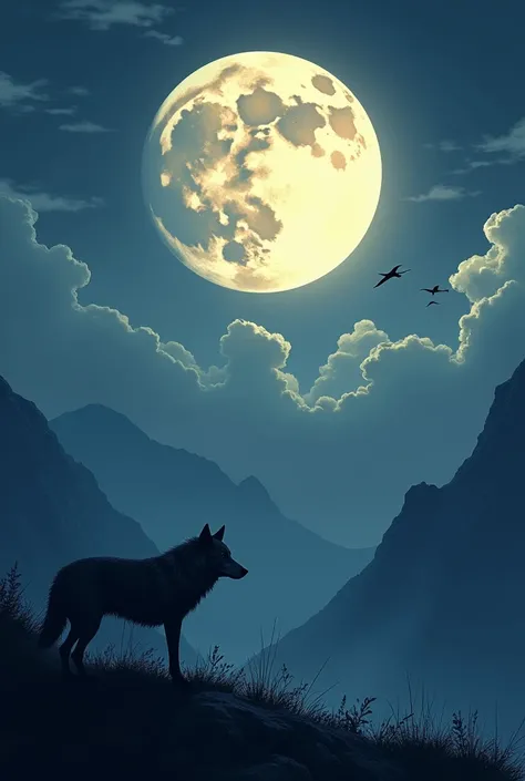 The mountain shadow  The yellow colourfull moon is large and full in the sky, with clouds floating around it. There are all egal Birdflying in the sky. The scene is lit by the moonlight, casting long shadows a bada wolf