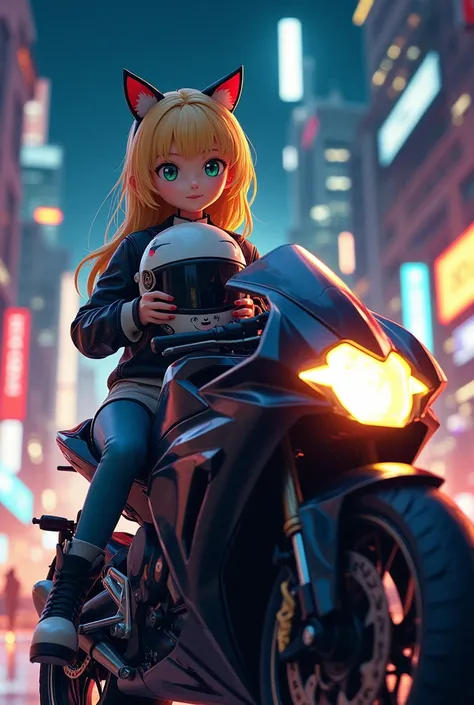 

Imagine a girl with blond hair and green eyes, sitting on a black motorcycle. She holds a helmet with ears in her hands., which adds a bit of playfulness to her look. There is a big city in the background, with tall skyscrapers and lights, reflected on h...