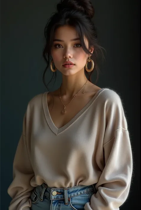 A photorealistic portrayal captures a dark, Casual Chic: Lila wears a soft, oversized sweater in a pastel color, paired with high-waisted jeans. Her hair is loosely tied in a messy bun, with a few strands framing her face. She accessorizes with delicate go...