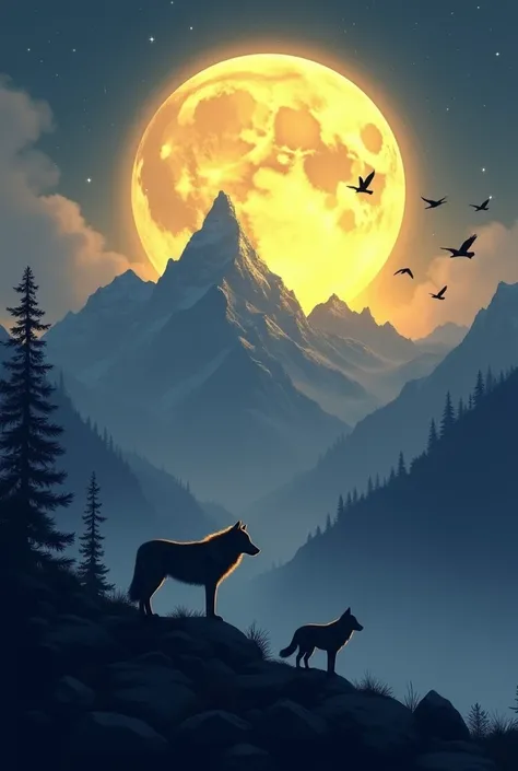 The mountain shadow  The yellow colourfull moon is large and full in the sky, with clouds floating around it. There are all egal Birdflying in the sky. The scene is lit by the moonlight, casting long shadows a khunkhar bada wolf and chota wolf