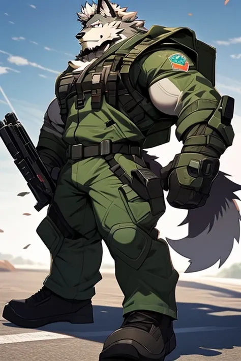 A Right Side picture of a Very Muscular Furry style Gray Wolf. he is wearing a green soldier suit. he is looking down on the floor. his both hand are holding a large gun