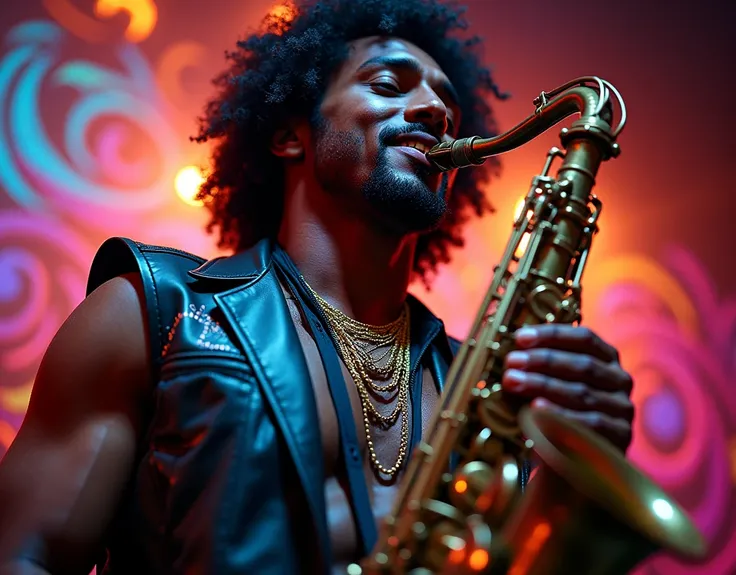 Picture a man, mid-performance, captured in the midst of a groovy, soulful funk session. The image is centered on his upper body, highlighting the raw emotion and energy radiating from his presence. His face is a fusion of deep focus and vibrant joy, eyes ...