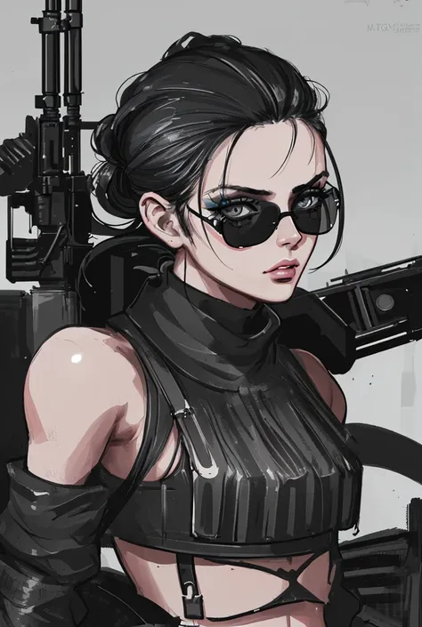 a rebel woman with machine gun, hair tied back, sunglasses, brazilian crop top, black boots, portrait, detailed face, beautiful detailed eyes, beautiful detailed lips, extremely detailed face and eyes, long eyelashes, highly detailed, hyperrealistic, 8k, p...