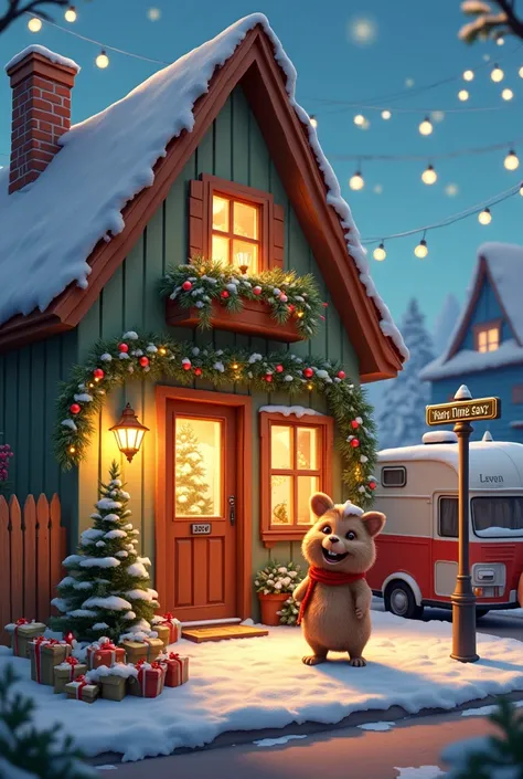 create a picture of a house, with a street sign in front, on which KOASTRA stands. The house should have a small wooden fence with a front garden, In the right corner in front of the house there is a caravan. It should be clear,  that there is a Christmas ...