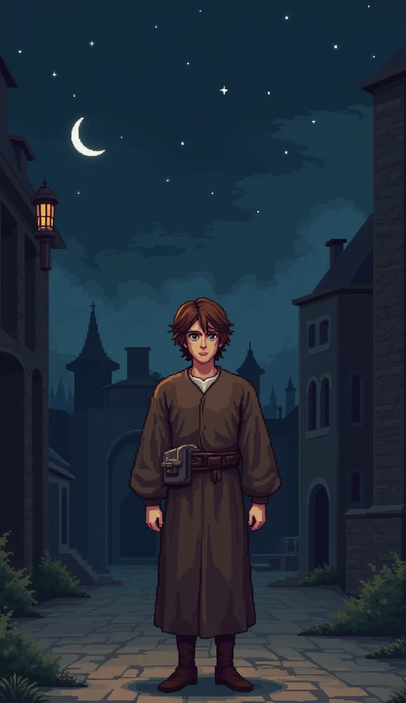 Anime Pixel, Night Background, Medieval, Brown Haired Man, Brown Dress