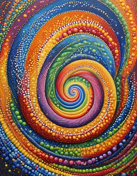 a painting of a colorful spiral design with dots on it, colourful artwork, a pointillism painting, colourful!! highly detailed, dot painting, detailed acrylic painting, detailed acrylic, bright and colourful, detailed paintings, saturated pointillism, abor...