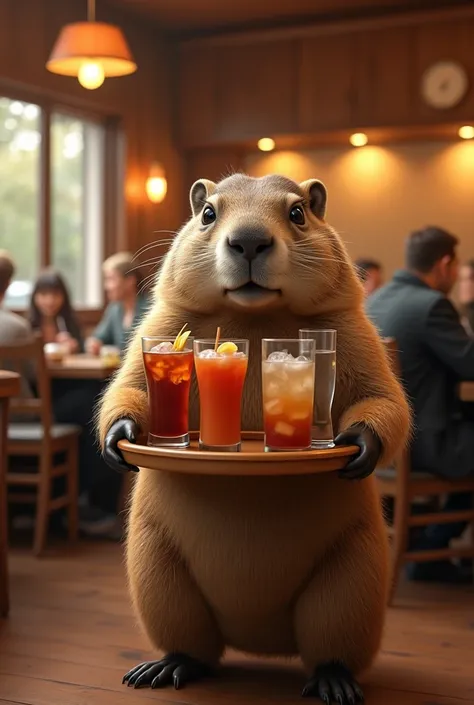 Un portrait en gros plan dune marmotte adulte qui porte un plateau de boissons dans un restaurant 