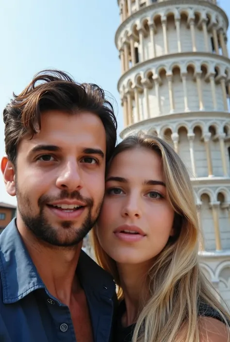 Photorealistic 16k ultra-realistic super-detailed man with dark brown hair and brown eyes next to a blonde woman with green eyes and long hair taking a selfie in front of the Leaning Tower of Pisa 