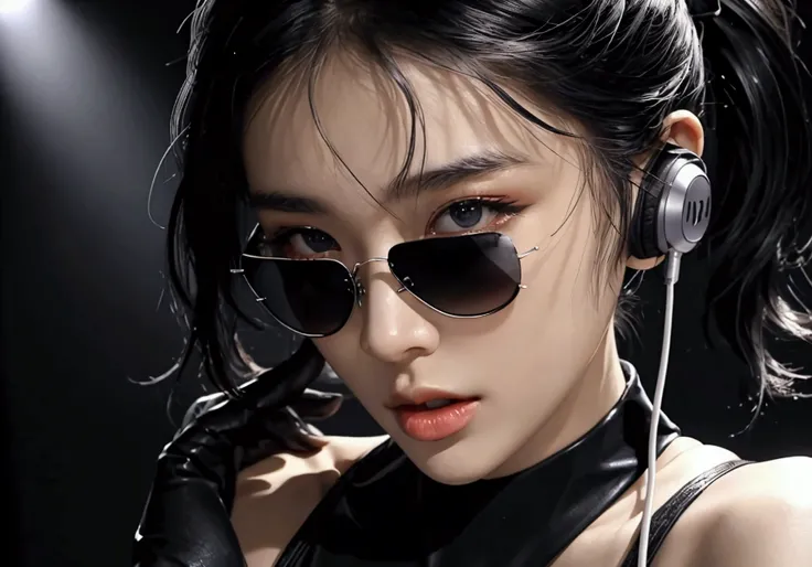 Best Quality)), ((masterpiece)), (detailed), Black hair ponytail、LAZER FACE SUNGLASSES BLACK, Beautiful girl&#39;s face with sci-fi headphones on a space background, bust, Female DJ, Silver clothing ,  Great look,  Functional, DJ headphones, Mixing Console...