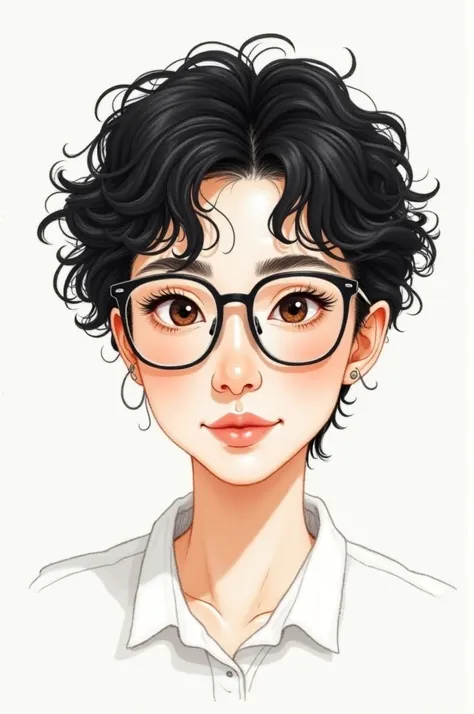 A portrait in color pencil art style, with soft pencil clean lines, and minimalist aesthetic of a adult woman has short Black curly pixie hair, brown eyes with glasses and White shirt