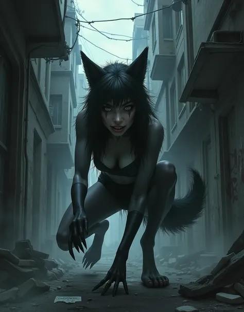 A wolf girl plays pranks in a dark alley。