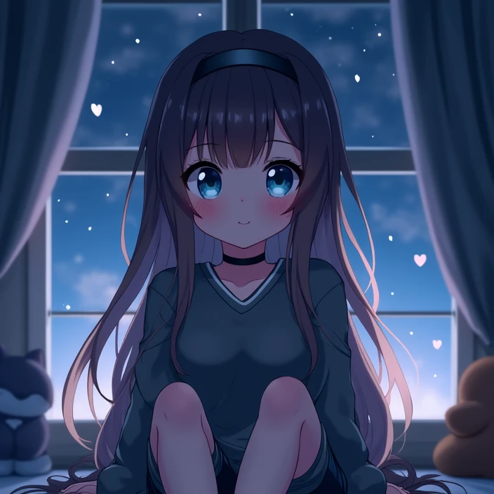 Chibi Character,One girl, solo, High resolution, Look at, Long Hair, Blushing, smile, Brown Hair, blue eyes, Sitting flat,A slightly baggy black jersey,Black headband, High image quality,8k,Fluffy atmosphere,cute