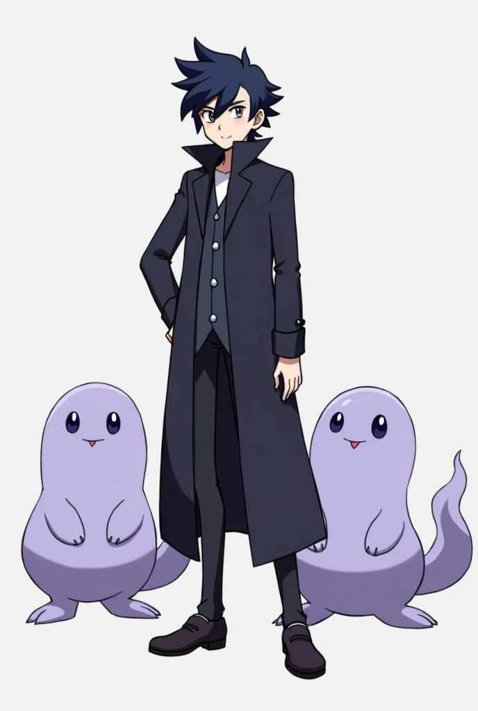 Un dresseur de Pokémon vêtu d’un long manteau noir, au regard perçant et cheveux ébouriffés bleu nuit, se tient avec confiance entre ses deux Métamorphs: apparence simple et fluide. Ils sont de couleur violet pâle, avec une forme amorphe qui lui donne un a...