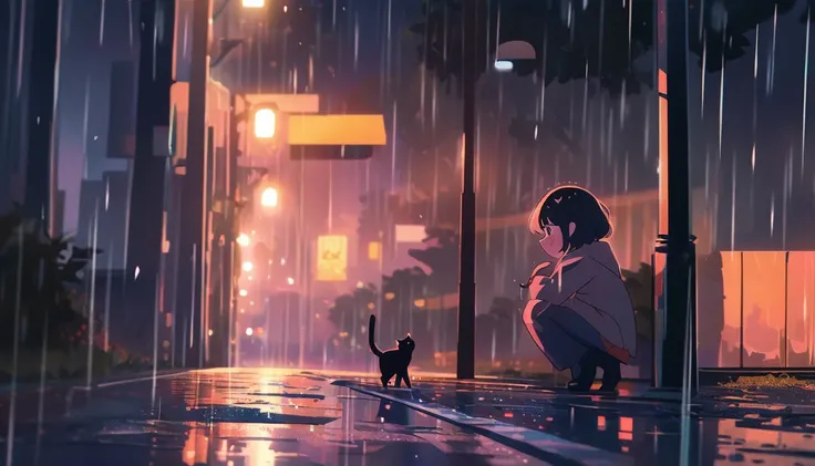 anime style , A girl about 2 , short hair , A black cat sitting on the ground, roadside,night , She squatted down to hold the umbrella for the cat , streetlight , roadside有商店和房子 , lofi wallpaper , Far perspective , warm , warm light ,（animation style：1.4），...