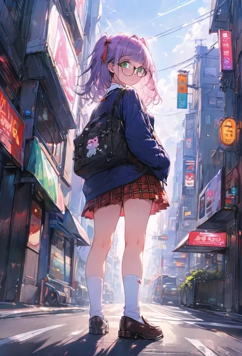 masterpiece, best quality, ultra detailed, hyper detailed, exquisite, beautiful, absurdres, 16K, 8K, schoolgirl, looking at viewer, looking back, two side ups, blunt bangs, pale purple hair, green eyes, droopy eyes, tareme, glasses,Navy blue blazer, dress ...