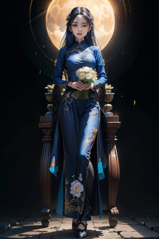 a beautiful vietnamese girl in a blue ao dai, masterpiece, best quality, authentic: 1.3, holding a bouquet, sunshine,  full body...