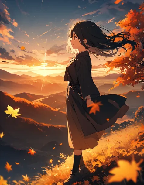 「golden autumn sunset、気球に乗る女性andその膝の上にちょこんand座る猫。 mountains with autumn leaves in the distance々and、orange light spreading across...