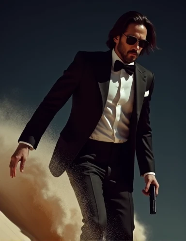 Professional photography, photo of a man wave surfing on the sand of desert, he wearing tuxedo, he is a fashionista, professional posing, he wearing sunglasses, cinematic lighting, hand in pocket, John Wick holding gun