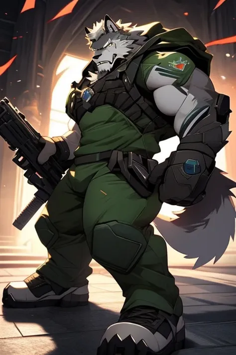 A Right Side Upper Body picture of a Very Muscular Furry style Gray Wolf. he is wearing a green soldier suit. he is looking down on the floor. his both hand are holding a large gun. he is biting his very sharp teeth. he is very Angry