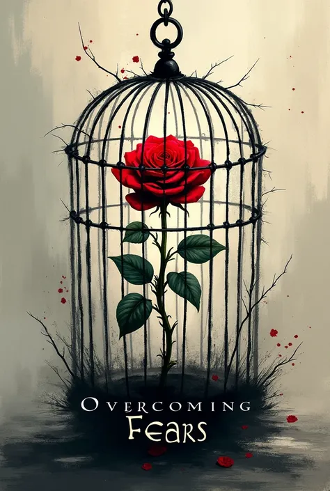 The Broken Cage:
 
- Image:  A stylized image of a cage made of BRUSHSTROKES, with cracks appearing in the bars.  Inside the cage, a single, vibrant deep red rose flower is blooming.
PUT THE Title "OVERCOMING FEARS" in a font that echoes the brushstrokes, ...