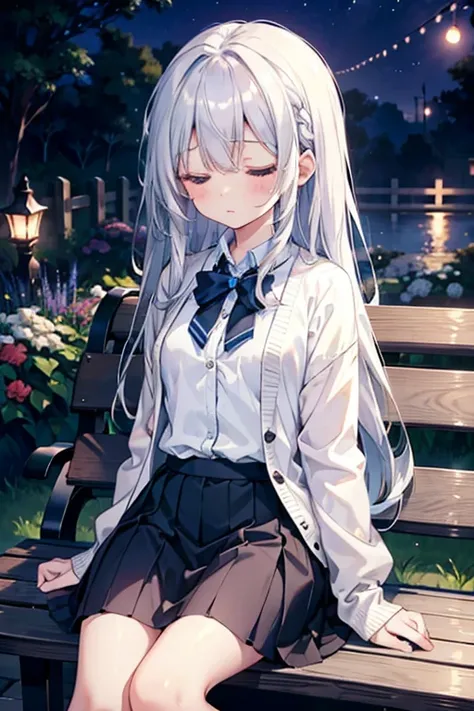 High resolution、Young、girl、Small breasts、Crystal-like hair、Silver Hair、Long Hair、Beautiful white skin、Close your eyes、Sleepy face、Black Skirt、cardigan、garden、bench、night、sit、Sleeping、Blue Moon