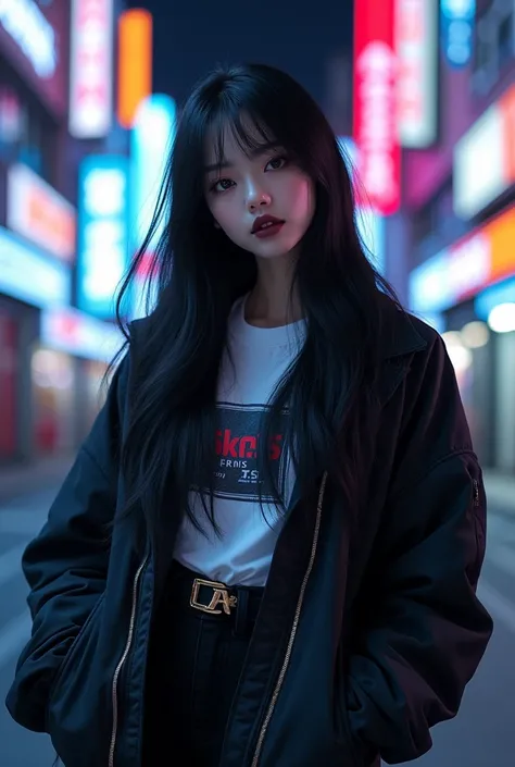 HD quality, 4k resolution
Photorealistic image of a Korean girl with long, straight black hair and black eyes. She is wearing heavy makeup, including bold eyeliner and dark lipstick. Her outfit is in K-pop hip-hop style, featuring oversized jackets, graphi...