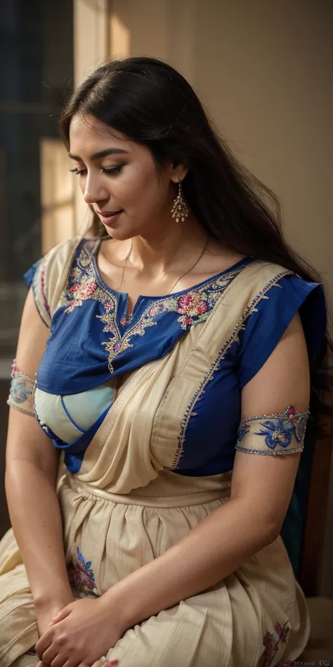  Xtreme Close up shot, A radiant South Indian 30 year old, chiffon cream colour chiffon body fit half gown and blue colour highly embroideried red colour strapless deep neck blouse wearing plus sized bbw aunty ,with her curvaceous figure, very big breasts,...