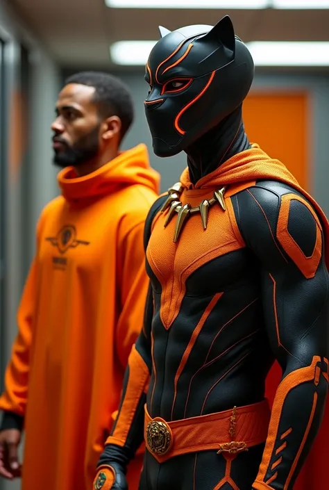 Black Panther costume in orange color. The costume is dominated by orange. Reduce black color. Without a robe. Worn by a 2 male. In the training room.