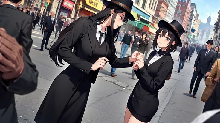 Woman standing in the crowd on the main street, Black Hat, Black Boots, Black Long Cardigan, White dress