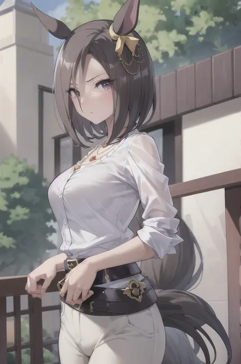 masterpiece, Best Quality, 
Air Groove (Uma Musume), White shirt, Brown pants, necklace, Tea belt,
Cowboy Shot,Outdoor,
 