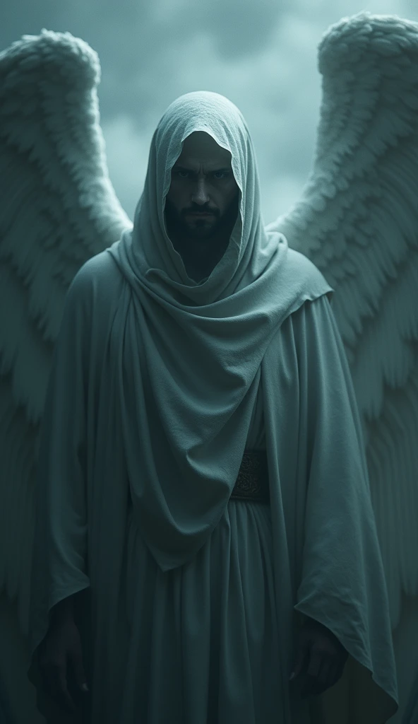 Create a close-up shot, realistic, UHD, cinematic of the Angel of Death as he speaks softly about the inevitability of death. His pale face remains emotionless, but his eyes reflect the finality of his words. The Angel is centered, looking downward. The pe...