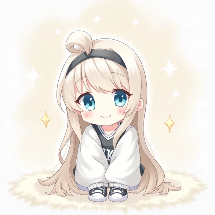 Chibi Character,One girl, solo, High resolution, Look at, Long Hair, Blushing, smile, Brown Hair, blue eyes, Sitting flat,A slightly baggy black jersey,Black headband, High image quality,8k,Fluffy atmosphere,cute