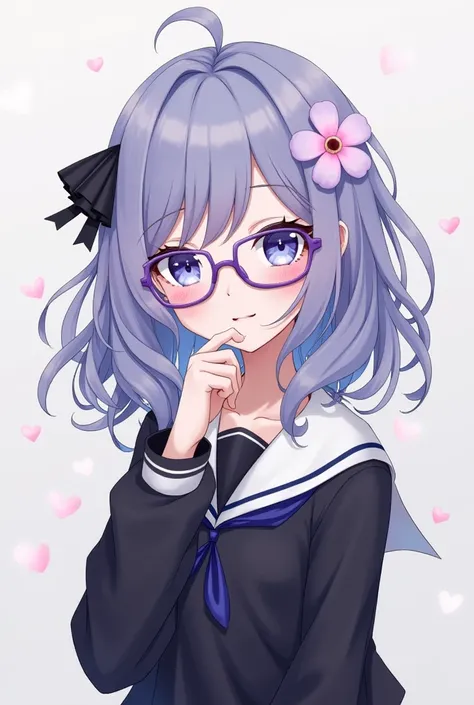 Girl,purplish blue hair,purple glasses,flower hair clip,blue eyes,black school uniform,