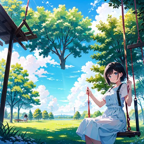 Girl on swing, facing us, smiling, , short black hair, wearing a skirt.
The background is soft pastel clouds. Her outfit is a simple white dress and clean. In the background is a blue sky and green trees, creating a fresh summer atmosphere. Overall, the sc...