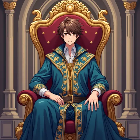 Anime Pixel Brown Haired Man, Wizard, Noble Costume, Throne Sitting Background