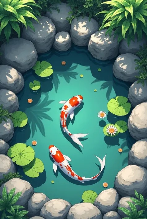 an anime style koi fish bond bed with rocks at the bottom of the pond with Lilly pads but don’t add koi fish, aerial view 