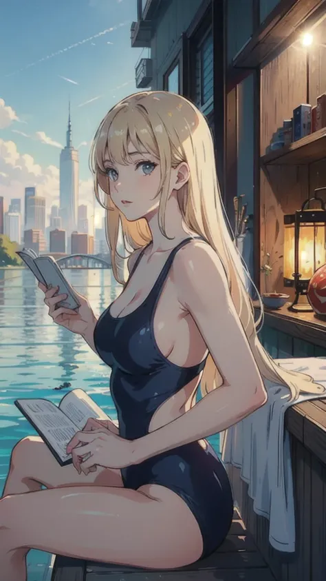 ((best quality)), ((masterpiece)), (detailed), one girl with long blond hair only in swimming suit sunbathing on terrace, reading book, view from side on scene, whole body in image, beautiful day, big city in background, sun shine, nice atmosphere