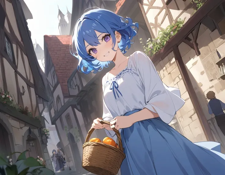 (Blue Hair、Purple Eyes、Wavy Hair、Shoulder-length hair、loose white blouse、loose blue skirt、He had a basket in his hand、woman)but(Rear view,Blue Hair,Short Hair、child)Smiling at、(place;middle ages、Stone building、City)