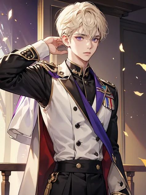 A young man with cream beige-colored side-parted hair and purple eyes. Background in academy. he not expression. wear uniform. Background in school