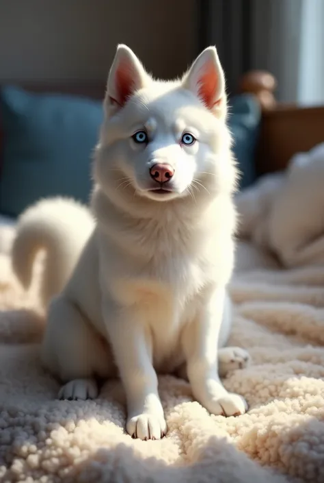 white husky dog with blue eyes and tail, in home