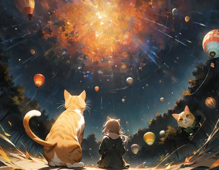 ((Best Quality)), ((masterpiece)), (detailed), 8k、「A hot air balloon ride through the clear autumn night sky、A woman looks up at the starry sky。The cat on my lap is also looking in the same direction.、In the sky」 「silver star々is rising。The cold autumn wind...