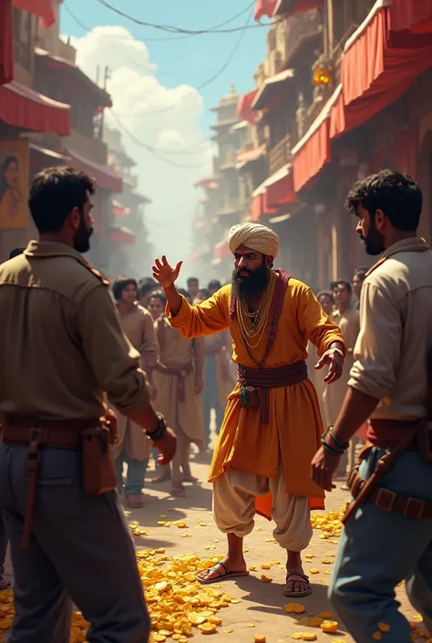 crowded marketplace in Anandpur, where a merchant is angrily complaining to guards about stolen gold coins. The people in the market look concerned, while the guards look for clues. Rajkumar, in the background, is listening to the situation with a serious ...