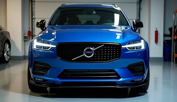 "Close-up of a blue Volvo XC60 parked in a garage, CR3, equipped with a modified front design, Volvo XC60, front lights, front view, medium shot taken from the front, vehicle design trends, 🤬 🤮 💕 🎀, glossy blue, with a sleek front grille and sporty bumper ...