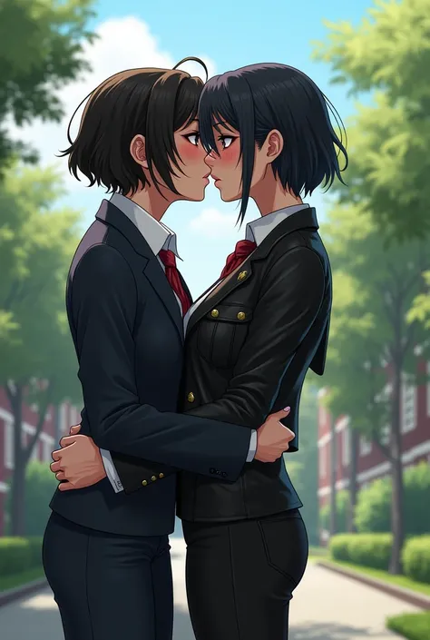 A female with short black hair wearing executive attire kissing a female taller than her wearing a black leather jacket and black pants inside a school campus . Make them kiss and fix their hair