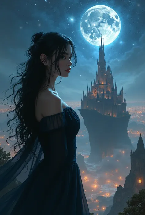 A city of stars, with an ethereal shine.
A beautiful woman in front of everything, with black hair black eyes and white skin. A castle, majestic and ancient, stood on a pedestal like a beating heart, away from everything, but in plain sight of everyone.
