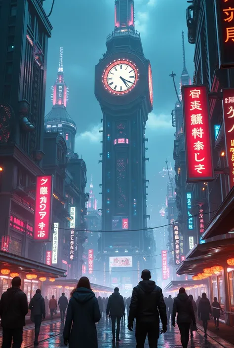 people walking in a city at night with a large clock tower in the background, in a futuristic cyberpunk city, futuristic cyberpunk scenario, arstation and beeple highly, in fantasy sci - fi city, sci-fi cyberpunk city street, busy cyberpunk metropolis, 3 d...