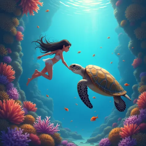 In the water，Coral Reef，Girl swimming with turtle，Sea Turtle，Big Turtle，2d model