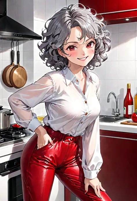 70-year-old Woman Wrinkled skin Grey curly hair Red leather pants White shirt Kitchen Side view Smirk